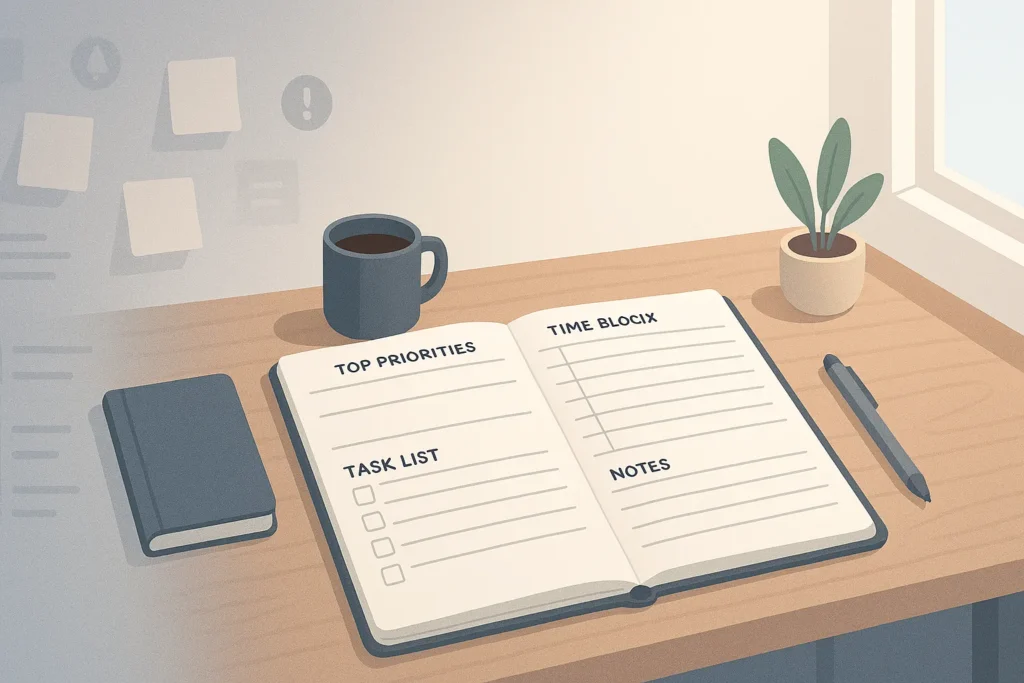 Custom daily planner layout showing organized priorities, time blocks, and tasks creating clarity and focus for the day