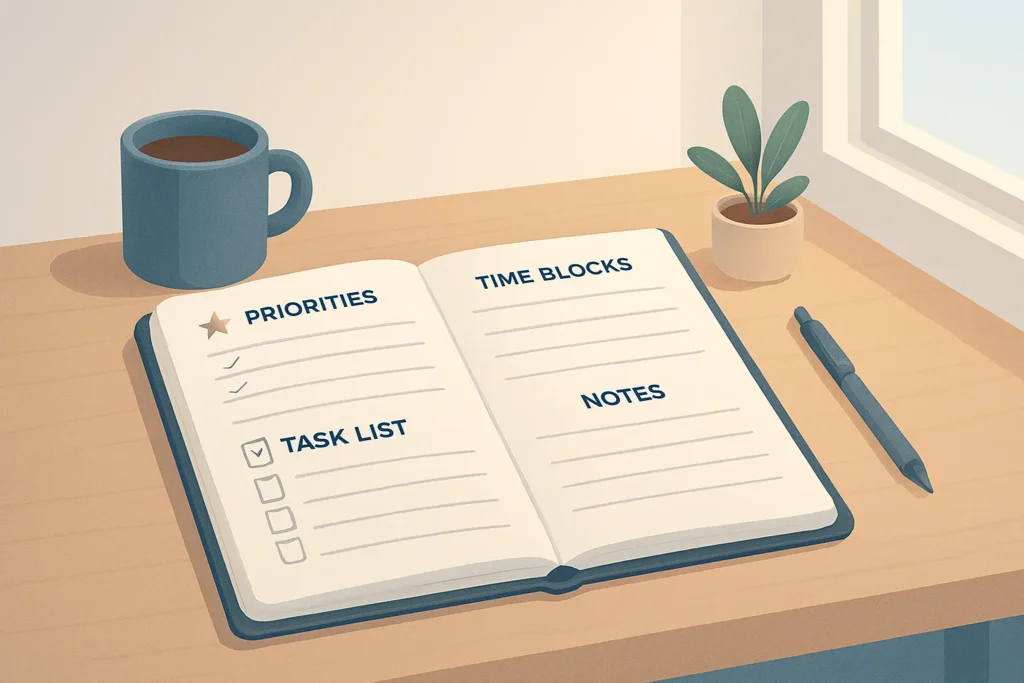 Custom daily planner on a clean workspace showing organized daily planning and productivity focus