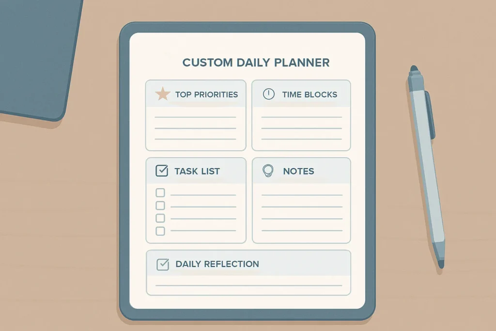 Daily planner template layout showing priorities, time blocks, task list, notes, and daily reflection sections