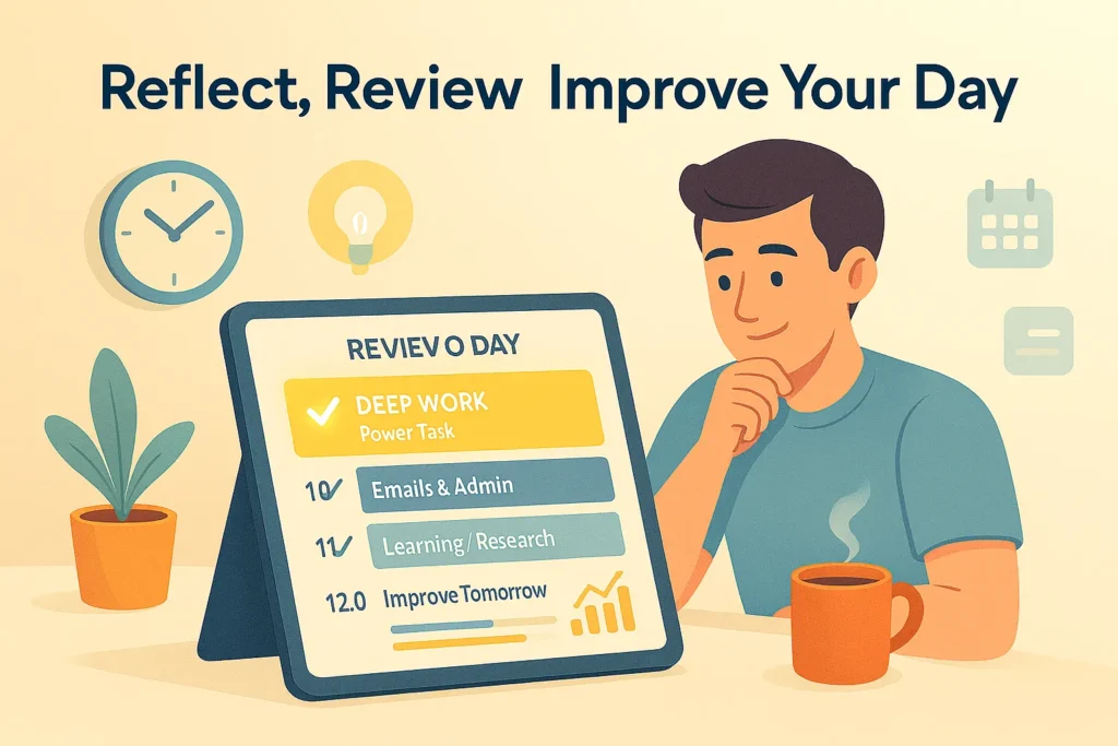 Daily review illustration showing a person reflecting on completed tasks and planning improvements in their daily routine planner.