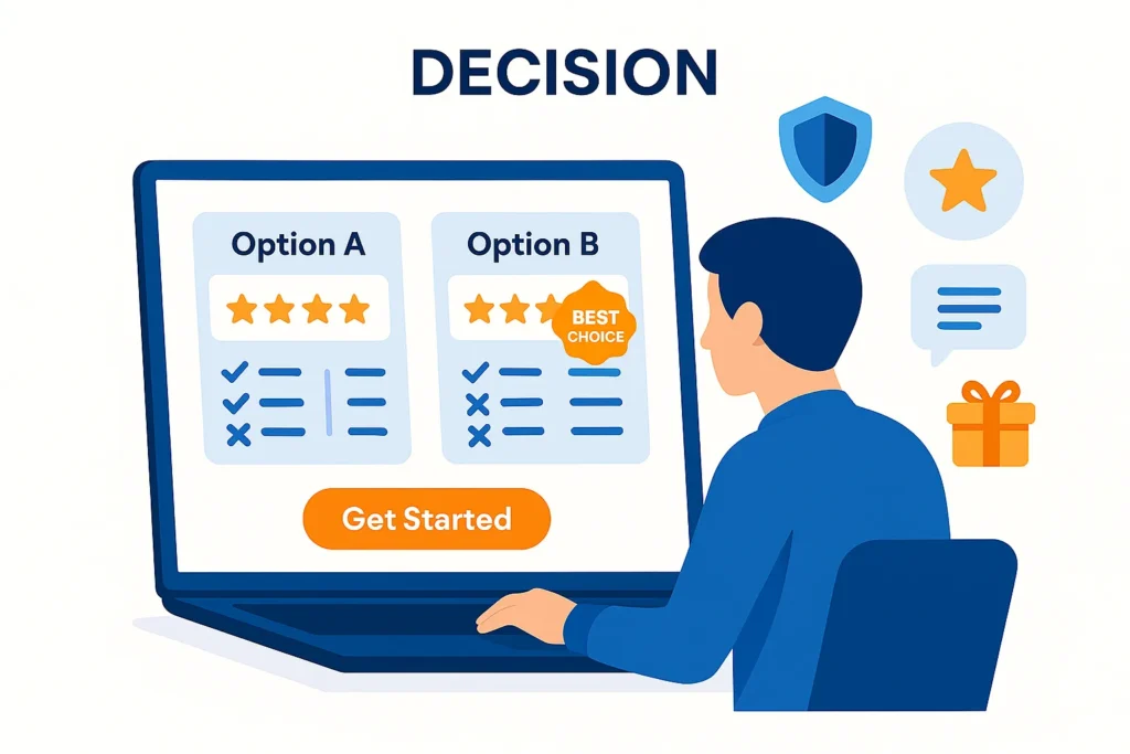 Decision stage in Affiliate Marketing Funnels showing product comparison and smart buying choice
