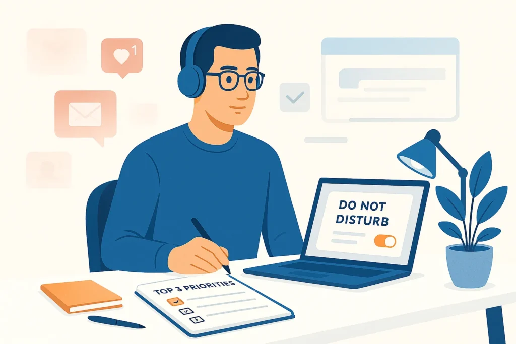 Work From Home Productivity Tips showing digital distraction control with notifications muted and focus mode enabled