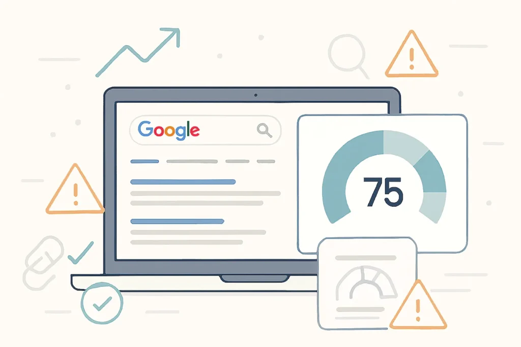 Feature image showing Domain Authority in an SEO analytics dashboard alongside Google search results, representing its role in 2026 SEO strategy.