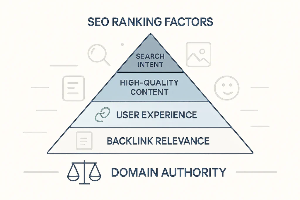 Illustration showing Domain Authority as a minor SEO factor compared to search intent, content quality, and user experience.