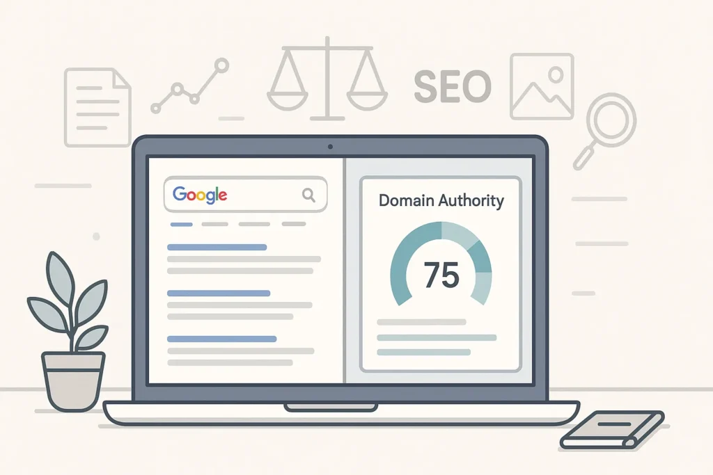 Illustration showing Domain Authority as a comparison metric alongside Google search results, explaining its role in SEO without being a direct ranking factor.