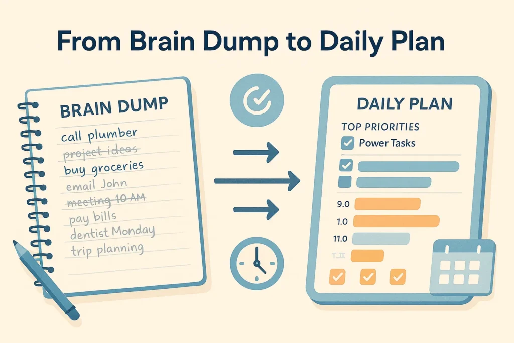 Daily routine planner illustration showing brain dump tasks being filtered into a structured plan to plan your day effectively.
