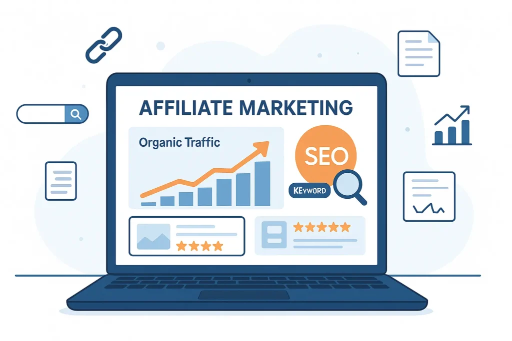 SEO optimization for affiliate marketing websites showing traffic growth on a laptop screen