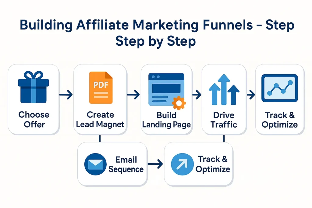 Step by step process of building Affiliate Marketing Funnels including offer lead magnet landing page email traffic and tracking