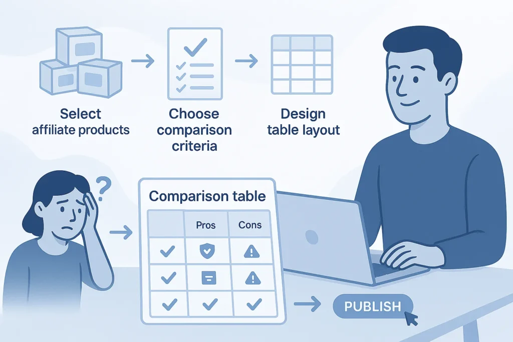 Step-by-step process of creating comparison tables for affiliate products.