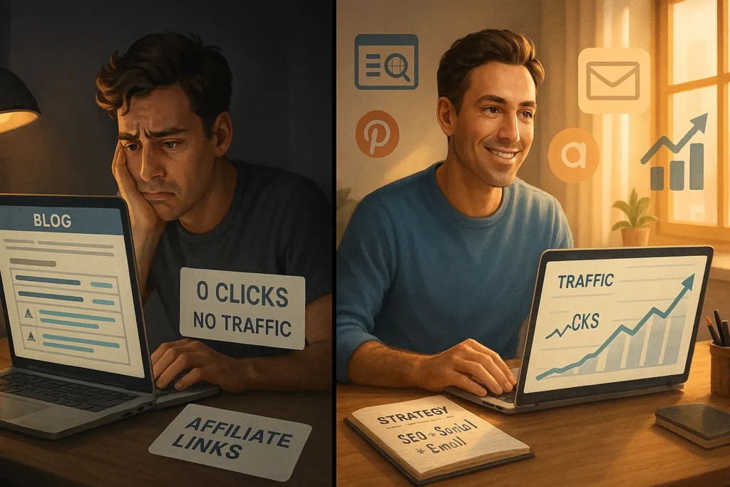 Frustrated blogger struggling with affiliate links traffic vs successful strategy generating free traffic