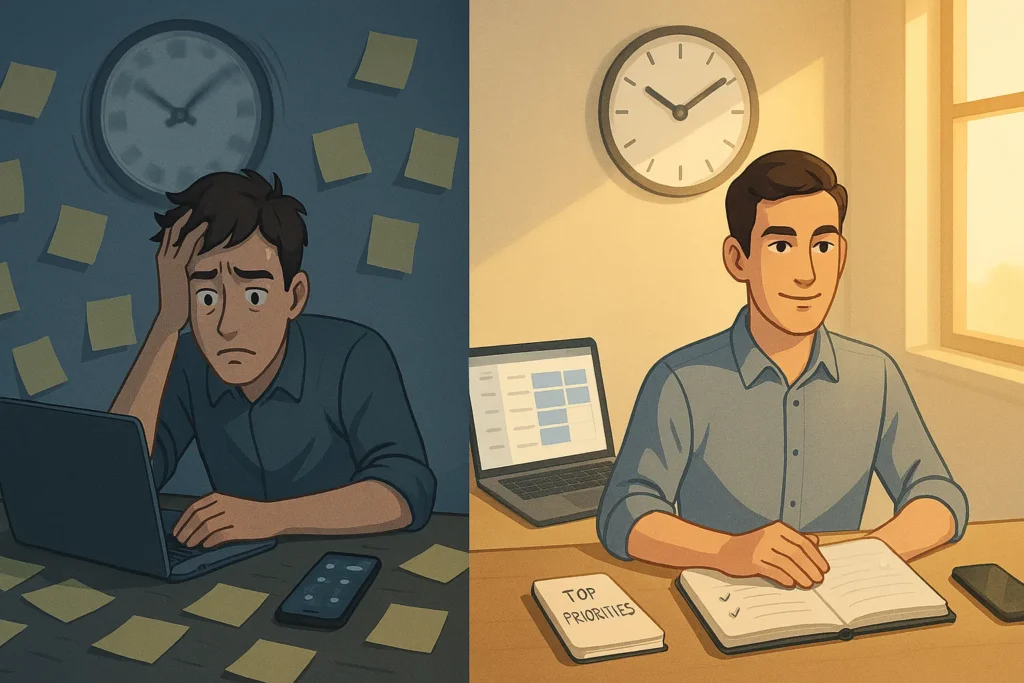 Person transforming from overwhelmed multitasking chaos to organized time-blocked productivity workspace. (Prioritize Tasks and Manage Your Time Effectively)