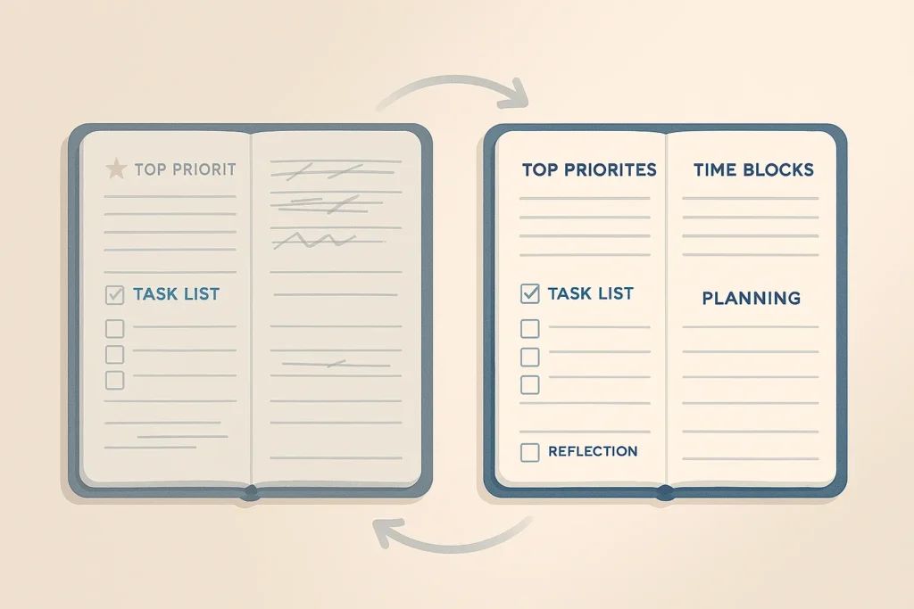 Custom daily planner improvement process showing mistakes corrected through daily reflection and adjustment