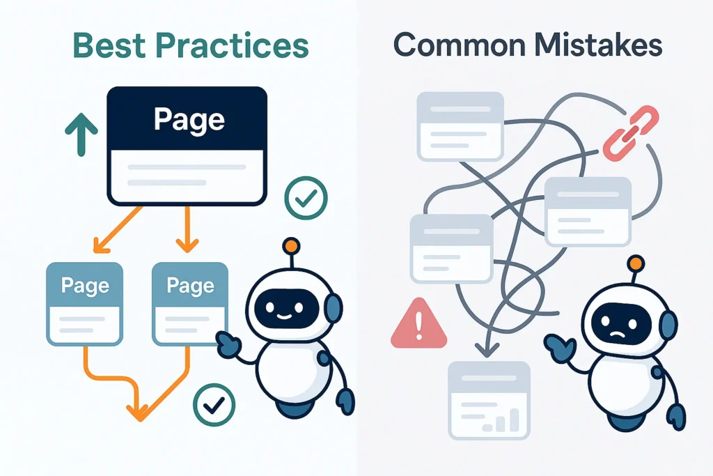 Good vs bad internal linking practices affecting crawlability and search rankings