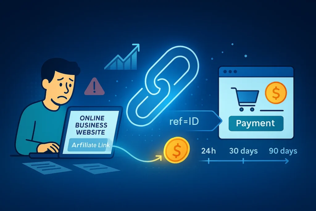 Modern hero illustration showing an Affiliate Link connecting a blog to an online purchase while tracking commission earnings.