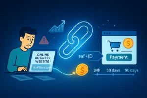 Modern hero illustration showing an Affiliate Link connecting a blog to an online purchase while tracking commission earnings.