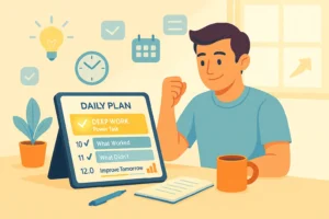 Feature image showing a person planning their day with a daily routine planner, clocks, and charts, symbolizing focus and productivity.
