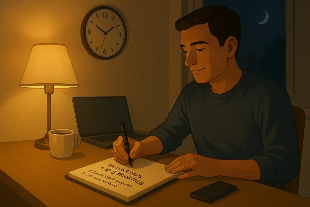 Person planning top three priorities at night in a calm workspace to improve time management
