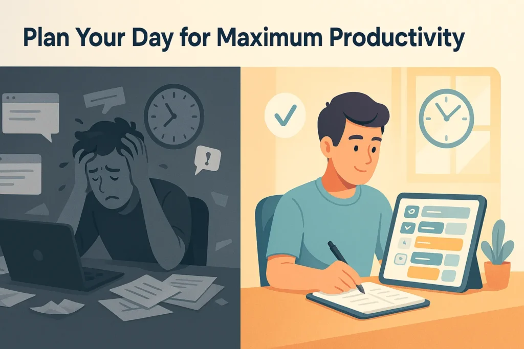 Plan your day illustration showing an unplanned chaotic routine compared with a focused and organized daily routine planner.
