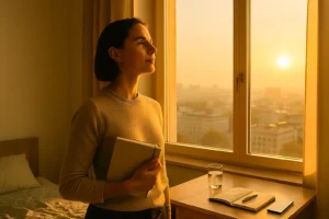 Confident person starting the day at sunrise representing a Productive Morning Routine