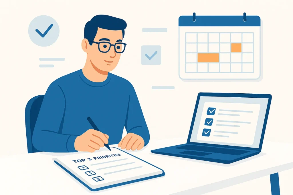 Work From Home Productivity Tips showing daily goal planning with a structured task list and planner