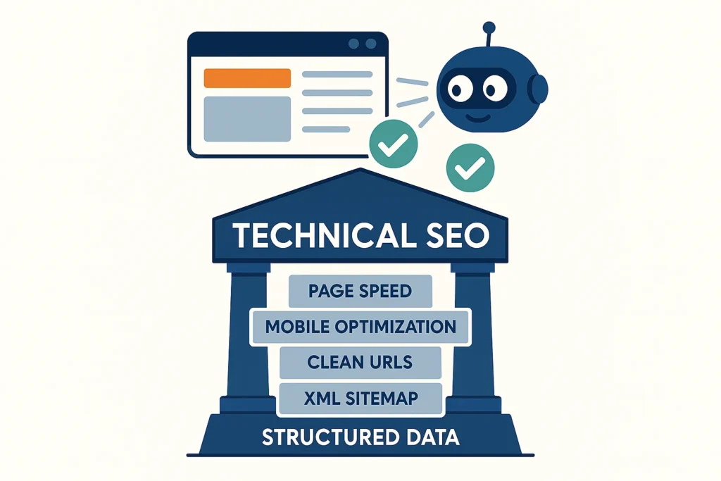 Technical SEO foundation including page speed mobile optimization and sitemap strengthening SEO Domain Authority