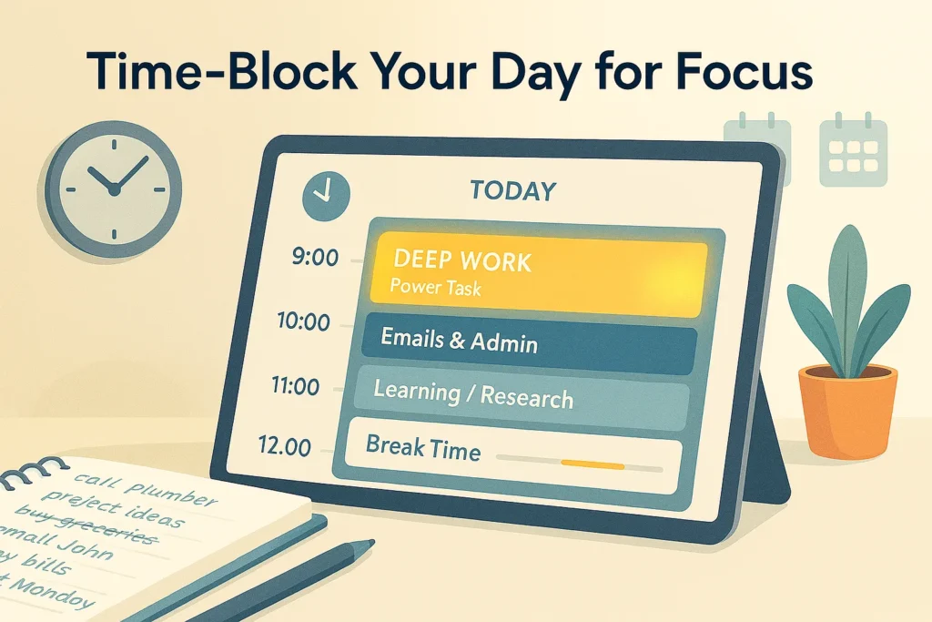 Time blocking illustration showing a daily routine planner with focused power tasks scheduled in time blocks.