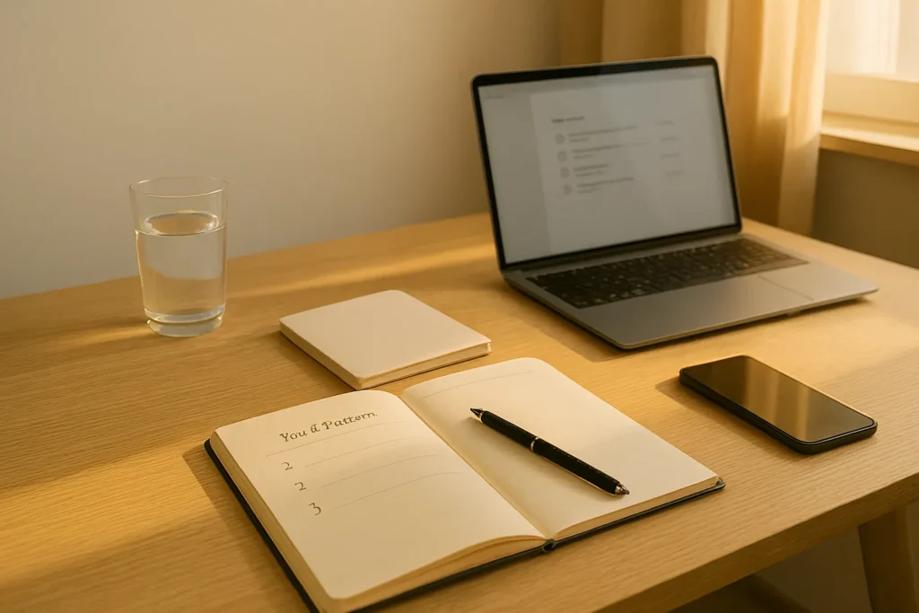 Minimal desk setup with planner, notebook, laptop, and smartphone supporting a Productive Morning Routine