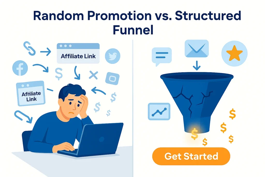 Comparison showing why affiliates fail without Affiliate Marketing Funnels versus structured funnel strategy