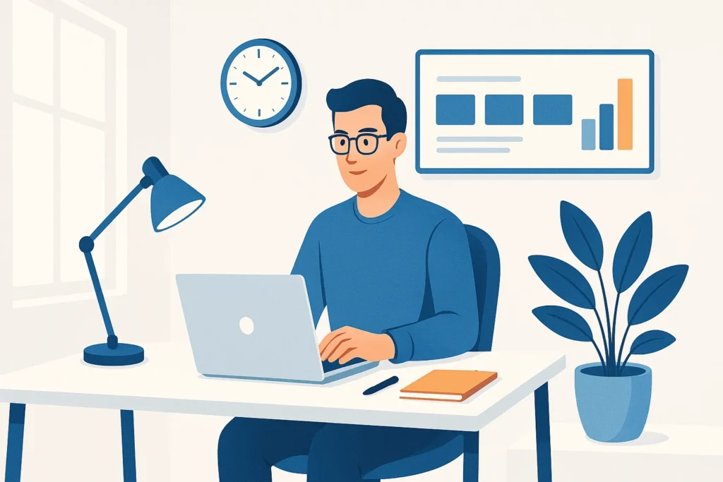 Work From Home Productivity Tips illustrated with an organized home office setup and focused remote worker