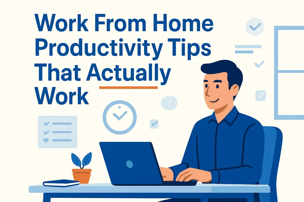 Work From Home Productivity Tips That Actually Work illustrated with a clean and organized home office setup