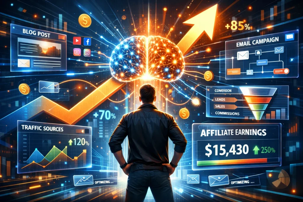 AI Affiliate Marketing growth showing rising revenue, traffic analytics, and AI-powered automation