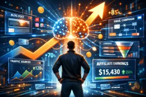 AI Affiliate Marketing growth showing rising revenue, traffic analytics, and AI-powered automation