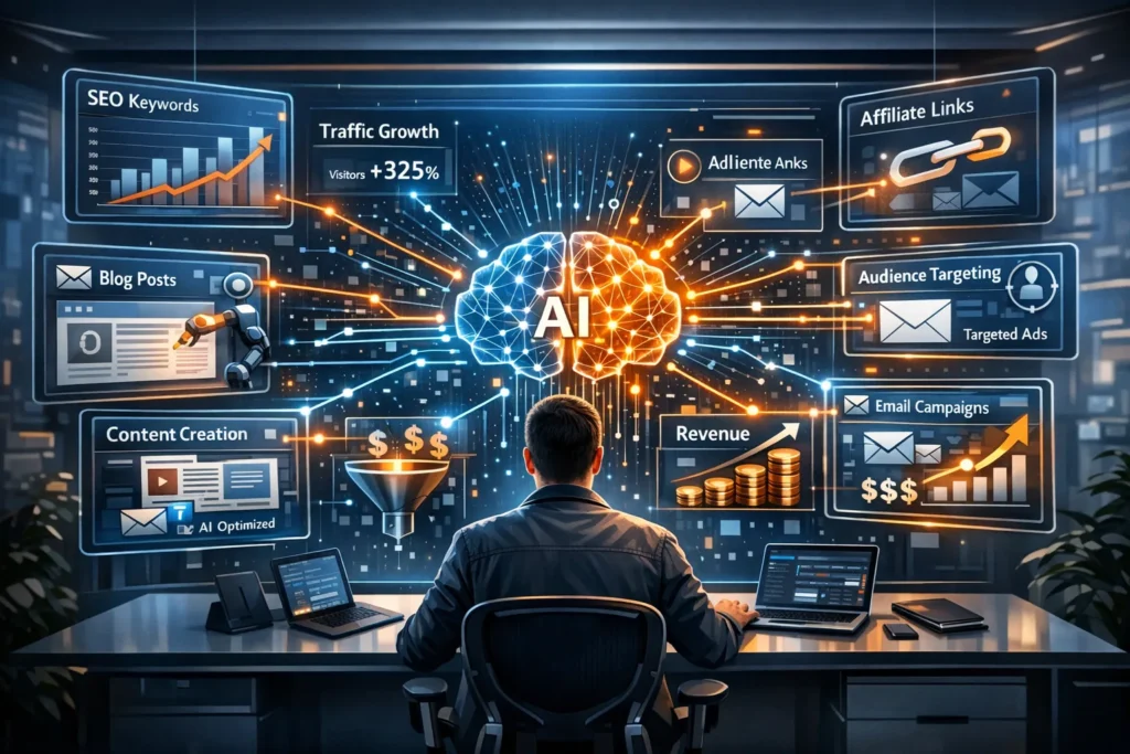 AI Affiliate Marketing dashboard showing traffic growth, SEO optimization, and automated conversions