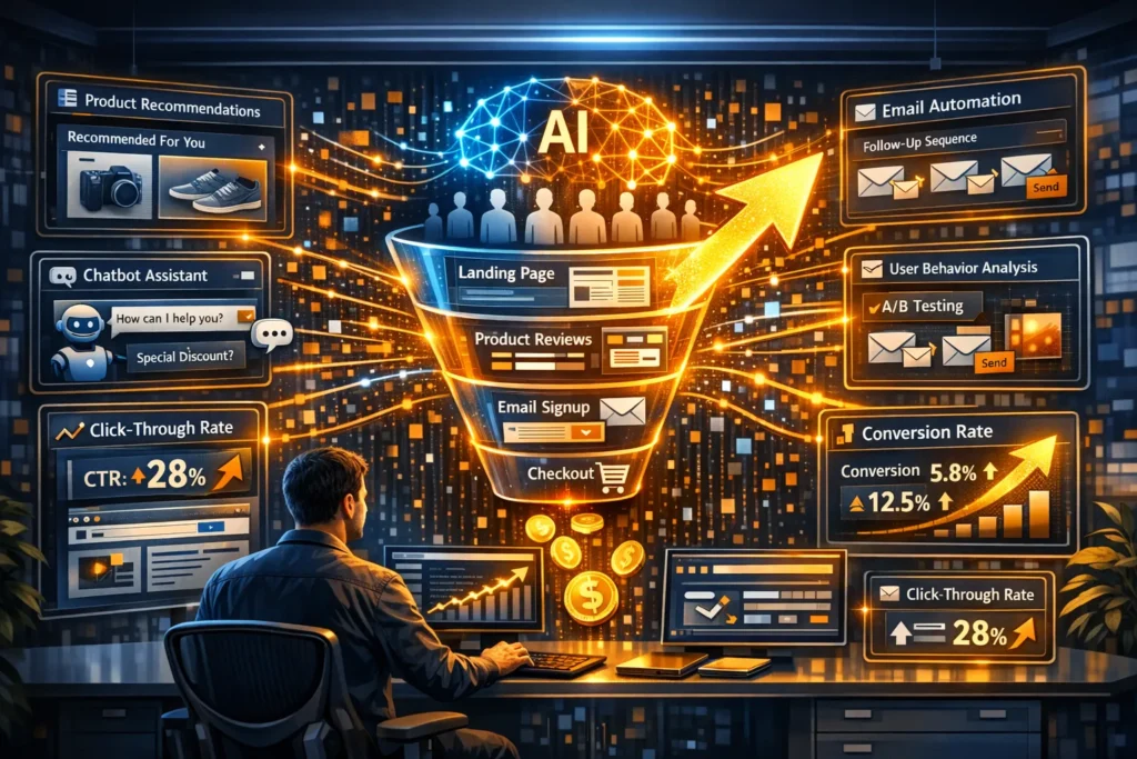 AI conversion funnel showing personalized recommendations, user behavior tracking, and increased affiliate sales