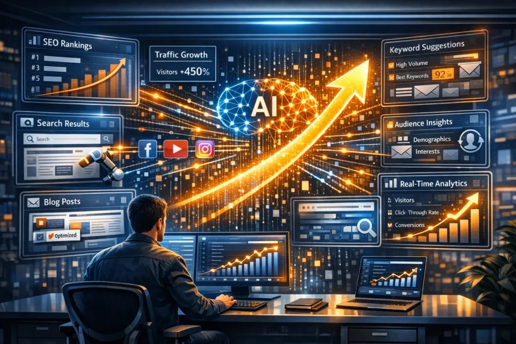 AI-driven traffic growth showing SEO rankings, content optimization, and increasing website visitors
