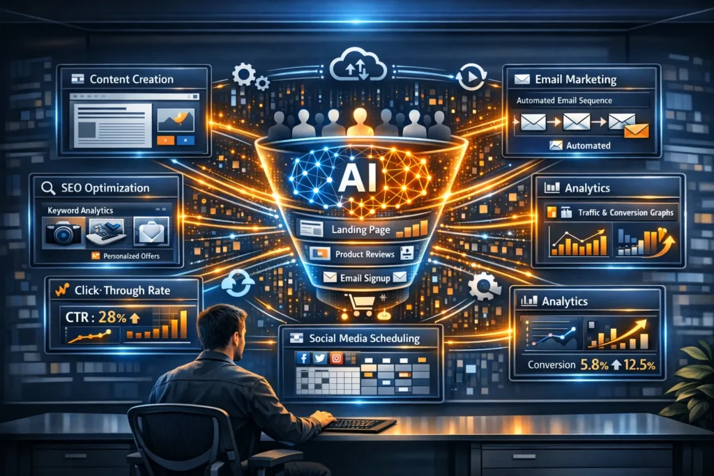 AI tools ecosystem showing content creation, SEO, email marketing, and analytics automation