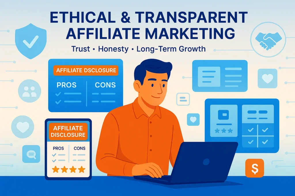 Ethical and transparent affiliate marketing showing disclosure label, trust shield, and honest product comparison