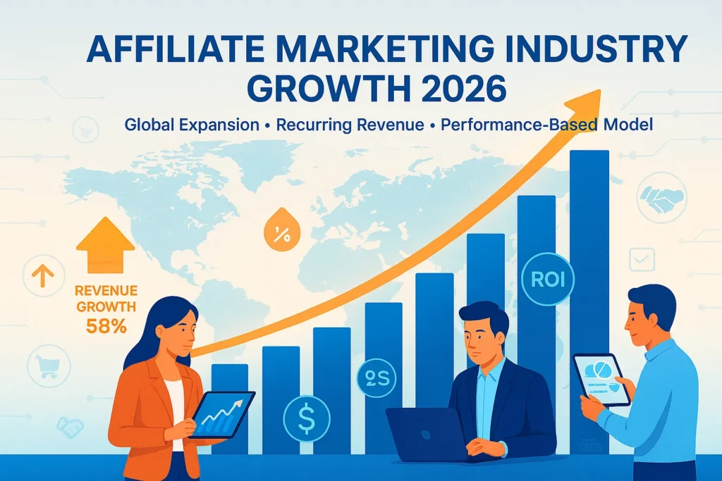 Future market value of affiliate marketing showing global growth, rising revenue charts, and industry expansion in 2026