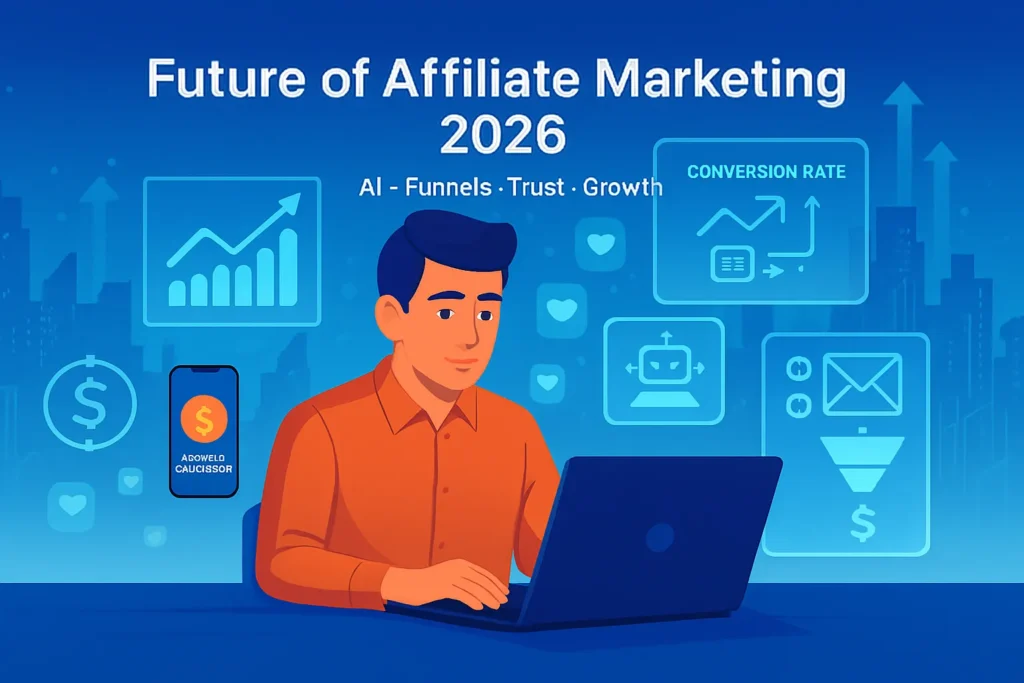 Future of Affiliate Marketing showing AI automation, smart funnels, and digital growth trends in 2026