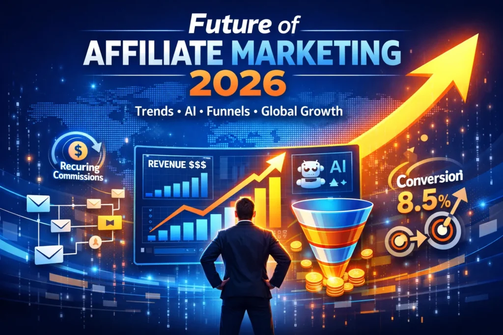 Future of Affiliate Marketing 2026 showing AI automation, smart funnels, and global digital growth