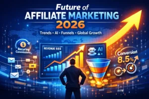 Future of Affiliate Marketing 2026 showing AI automation, smart funnels, and global digital growth