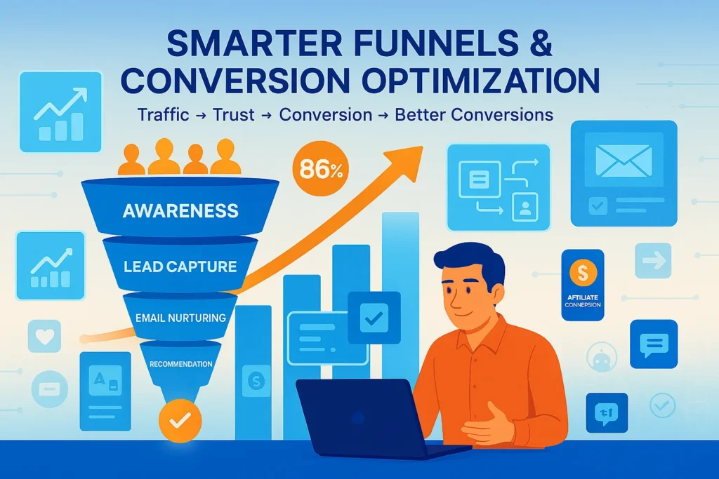 Smarter affiliate marketing funnel showing traffic flow, email automation, and rising conversion rates