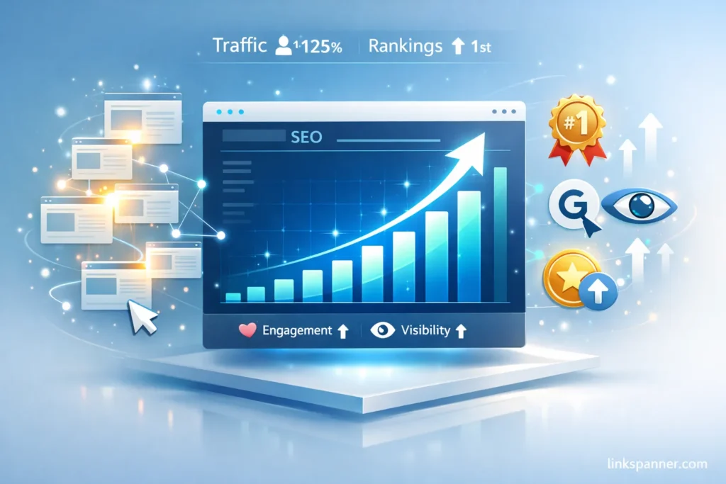 Growth chart illustrating Topical Authority SEO benefits with rising traffic, ranking improvement, and SEO performance indicators