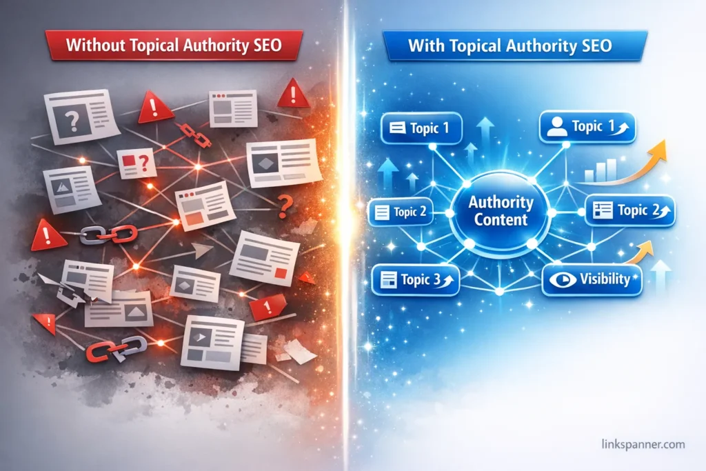 Before and after comparison showing poor SEO structure with scattered content versus organized topical authority SEO with connected topic clusters