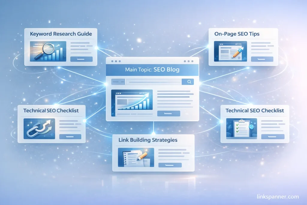 Blog content structure diagram showing Topical Authority SEO with a central SEO blog connected to related articles like keyword research, on-page SEO, and link building