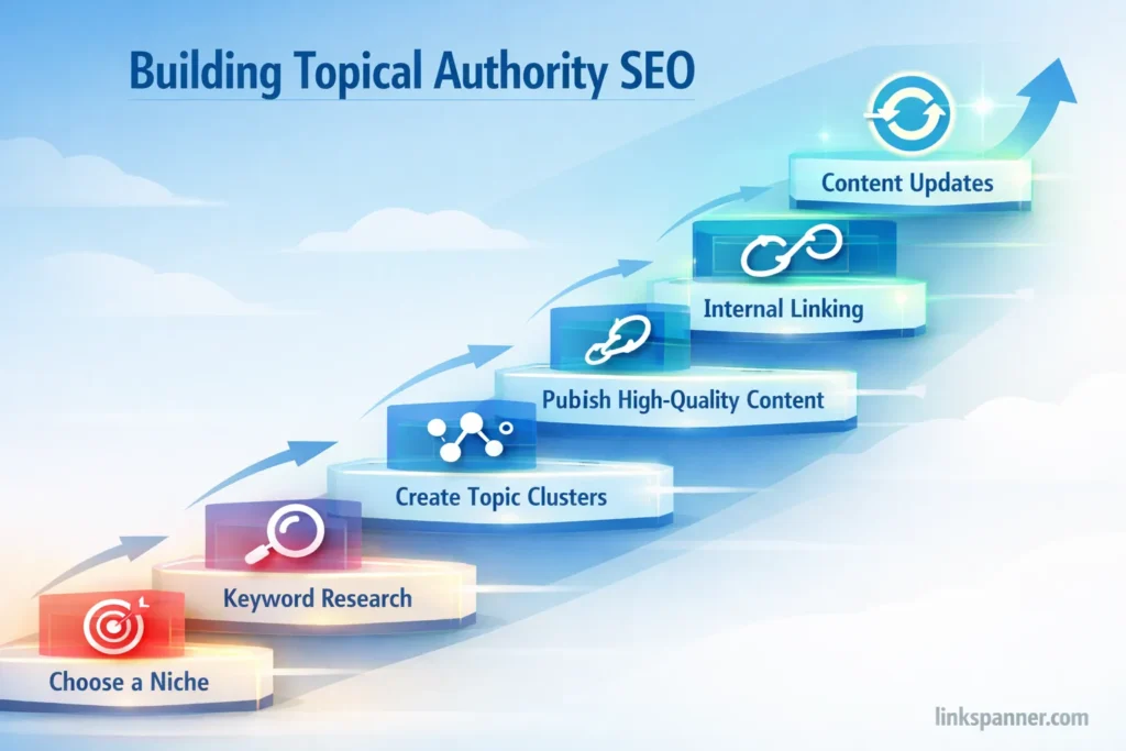 Step-by-step staircase diagram showing how to build Topical Authority SEO through niche selection, keyword research, content clusters, and internal linking