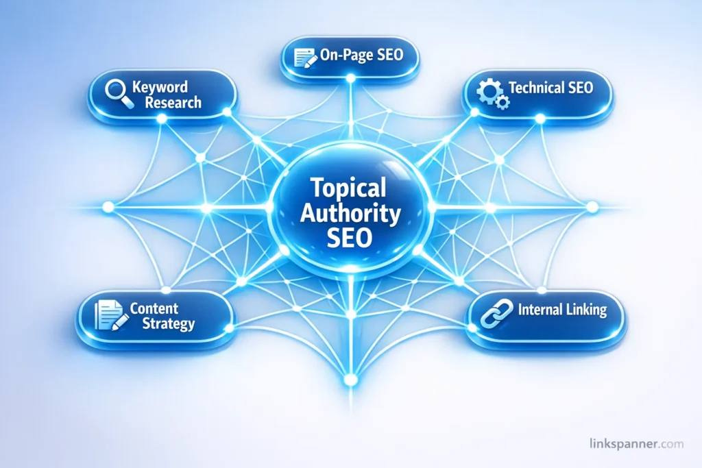 Topical Authority SEO topic cluster diagram showing a central topic connected to subtopics like keyword research, on-page SEO, and content strategy